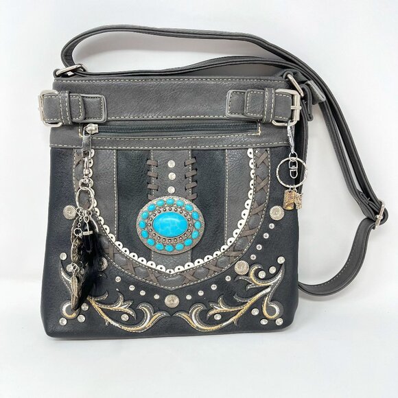 Black Western Turquoise Stone Concho Concealed Carry Crossbody Messenger Purse - Picture 1 of 12